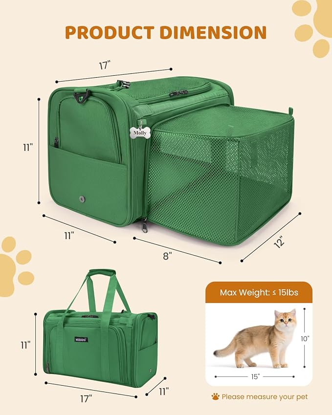 MIDOG Cat Carrier Soft, TSA Approved Airline Travel Carrier for Cats and Small Dogs, Under Seat Pet Bag with Expandable Space & Escape-Proof Zippers (Olive)