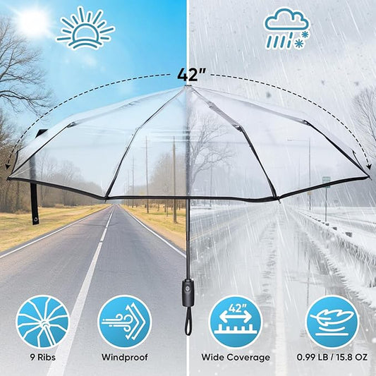 PTEROMY Windproof Compact Travel Umbrellas for Rain and Sun, Withstands 85MPH Winds Auto Open Close Folding Umbrella with Ergonomic Handle, Quick Dry Canopy for Commuting or Backpack