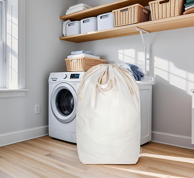 Canvas Laundry Bags with Handles & Square Base 13.8"x 13.8", Large Heavy Duty Laundry Hamper Bag, College Dorm Washable Drawstring Cotton Dirty Clothes Sack (Beige,1 Pack)