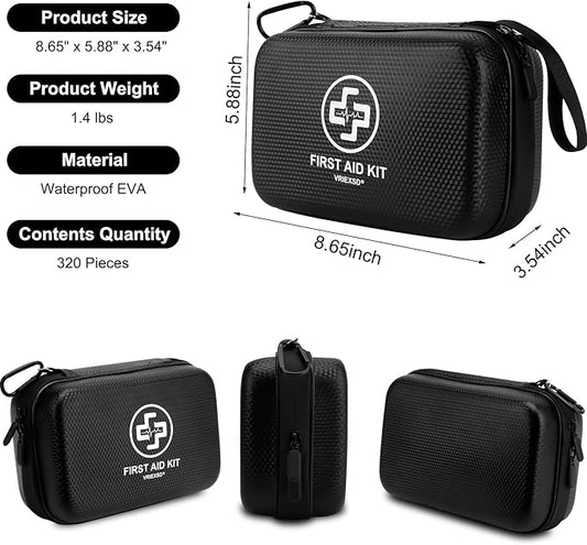 Premium First Aid Kit, 320 Piece Waterproof Hard Shell Eva First Aid Kit for Home, Camping, Cars, Hiking, Travel, Businesses & Outdoor Emergencies - Emergency Medical Kits (Black)