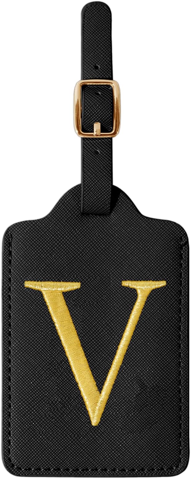 Personalized Initial Luggage Tags for Suitcase TSA Approved, Black Leather Cute Luggage Tag with Privacy Cover Name Card, Embroidered Custom Luggage Tags Travel Backpack Tags Gifts for Women Kids(V)