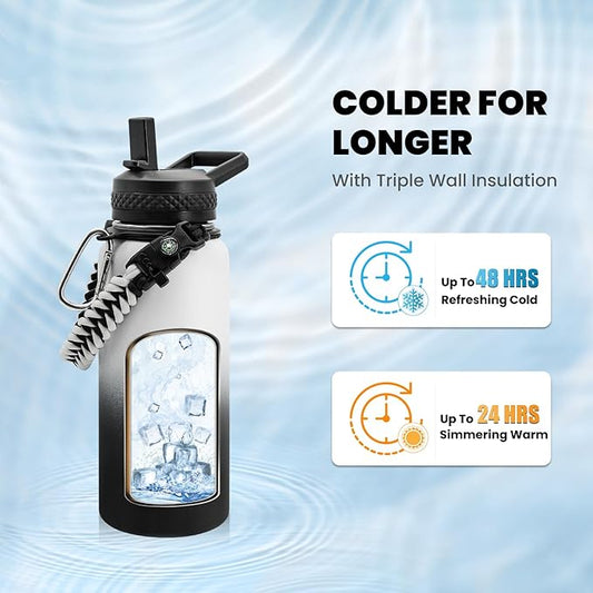 Insulated Water Bottle 32 oz, Triple Wall Vacuum Stainless Steel (Cold for 48 Hrs), Leak Proof & Non-BPA, Modern Water Flask Jug with Paracord Handle & Straw Spout Lids, Ombre: White/Black