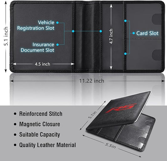 Leather Car Registration and Insurance Cards Holder Compatible with Chevy Camaro RS Cars, Vehicle Glove Box Car Organizer with Magnetic Shut, Documents License for Camaro RS Owners