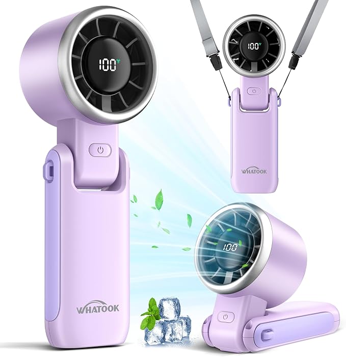 WHATOOK Portable Fan Handheld Mini Fan: Travel Fans with Air Turbo Tech, 4000mAh Battery with LED Display, 5 Gear Wind, 3 in 1 Foldable Small Hand Fans for Makeup, Outdoor, Working, Shopping (Purple)