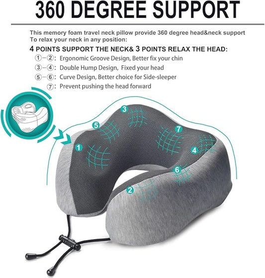 napfun Neck Pillow for Traveling, Travel Neck Pillow for Airplane 100% Pure Memory Foam Travel Pillow for Flight Headrest Sleep, Portable Plane Accessories, Light Grey Set