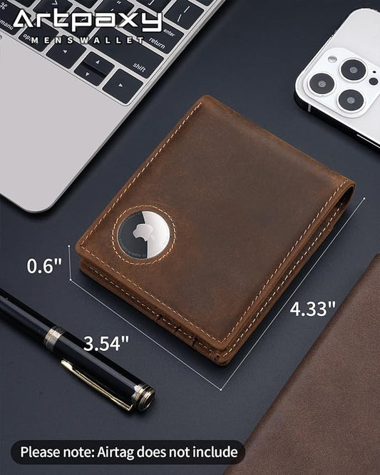Mens Wallet With AirTag Holder, Bifold Leather RFID Blocking 1-2 ID Windows 12-13 Card Holders, Gift Box and Screen Protector Included, AirTag Not Included