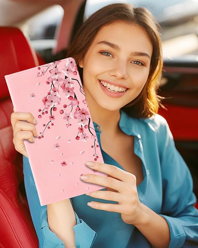 Slohif Car Registration and Insurance Card Holder - Peach Blossom Vehicle Glove Box Organizer Women with Magnetic Shut Leather Automobile License Holders Coasters Auto Accessories Case for Document