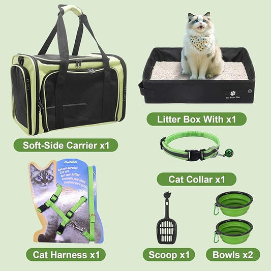 Cat Carrier Soft-Sided & Folding Travel Litter Box for Cats, Fit 20Lbs Pets, 17.7' * 11.8 * 11.8 inches Cat Bag for Traveling & Camping, Indoor & Outdoor, Cat Travel Carrier Kit - Green