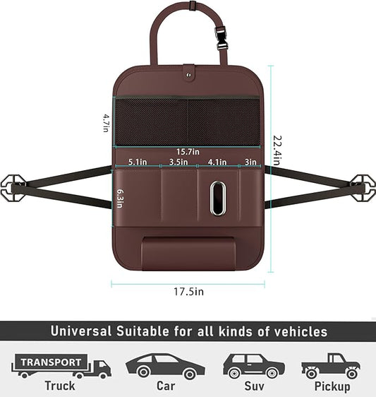 GMQ Backseat Car Organizer with Tray 1 Pack,Car Backseat Organizer with Foldable Table for Kids,Multifunctional Seat Back Organizer with Storage Pockets Car Storage Organizer (Coffee Brown)