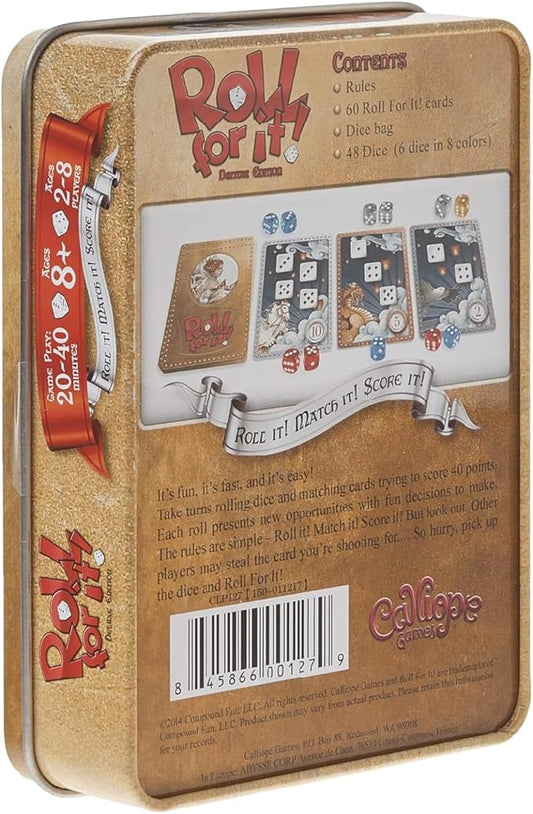 Calliope Roll for It! Deluxe Edition – Fast Dice Rolling Game of Luck & Strategy for 2–8 Players Ages 8+ | Quick Family Board Game Night Fun in Travel Tin