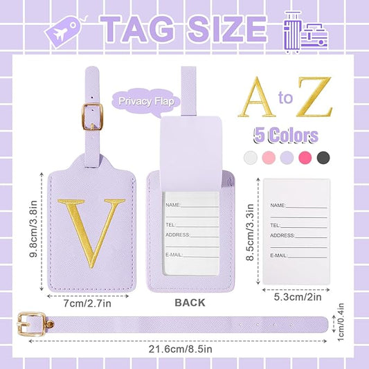 Personalized Initial Luggage Tags for Suitcase, Purple Leather Cute Luggage Tags with Privacy Cover Name Card, Embroidered Custom Monogrammed Luggage Tag Travel Backpack Tags Gifts for Women Kids(V)