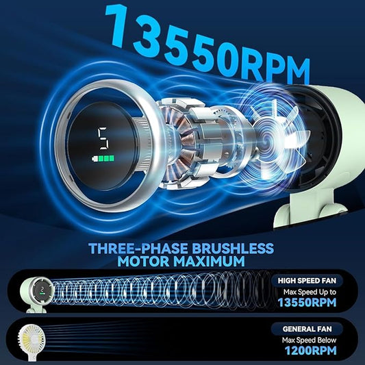 Portable Handheld Turbo Fan, 5 Gear Wind, Battery Operated, Up to 12 Working Hours, 3 IN 1 Hand Fan with Air Turbo Tech Cooling Fans for Outdoor Activities, Travel, Beach (Green)