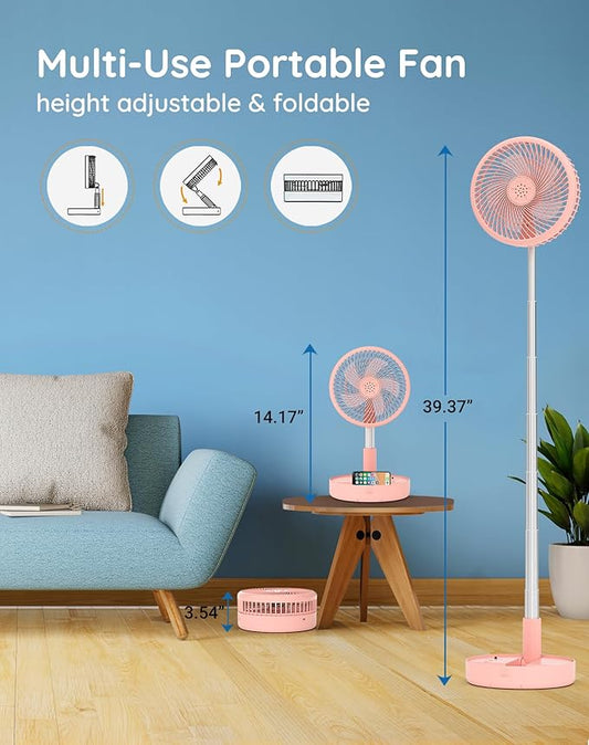 Primevolve Battery Operated Fan,Portable Rechargeable USB Floor Table Desk Fan with Adjustable Height,4 Speed Settings Pedestal Fan for Bedroom Camping Travel,Pink 7.7"