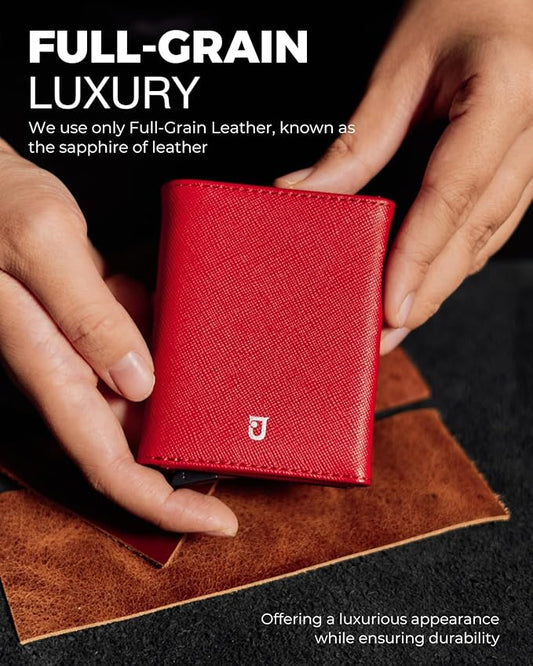 Jenoss Smart Wallet For Men & Women: Full Grain Leather, Handcrafted, Slide Metal Pop Up Case, Slim RFID Blocking Credit Card Holder Minimalist Compact 12 Cards Slot Organizers ID Clip (Red & Silver)