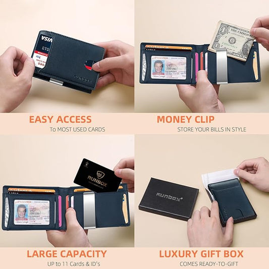 RUNBOX Slim Wallets for Men - Leather Money Clip Mens Wallet - RFID Blocking Front Pocket Bifold Wallet - Thin Credit Card Holder with Gift Box