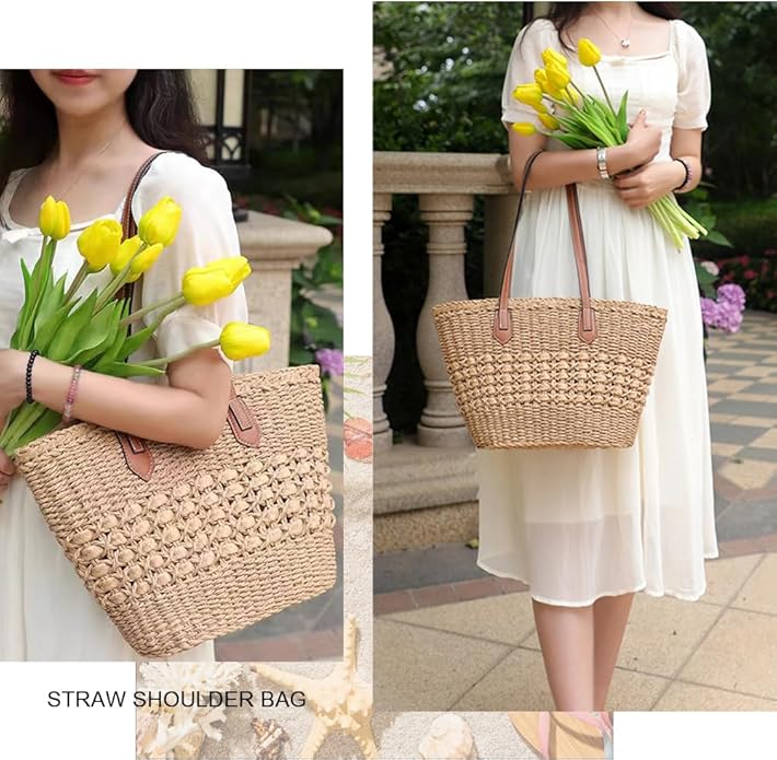 Straw Beach Bags for Women Woven Beach Tote Bag Casual Boho Large Shoulder Handbags Purse for Vacation Holiday