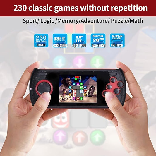 16 Bit Handheld Game for Kids Built-in 230 HD Classic Retro Video Games USB Rechargeable 3.0 Inch Childrens Travel Electronics Toys Portable Gaming Player System Gift for Boys Girls Ages 4-8-12
