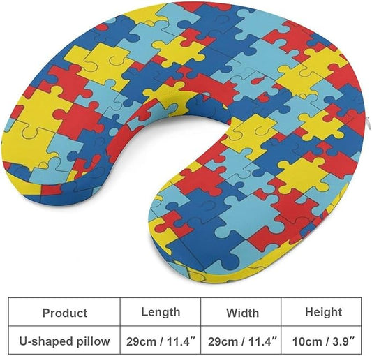 Lightweight Travel Neck Pillow Autism Awareness Puzzle Memory Foam U Shaped Cushion, Washable Removable Cover for Airplane Car Outdoor Rest