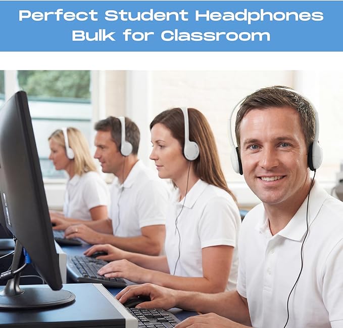 Yunsailing 30 Pack Bulk Over Ear Headphones Set On Ear Headsets Earphones with Adjustable Headband and 3.5mm Plug for Group Learning, Computer Lab, Library, Online Lesson (White)