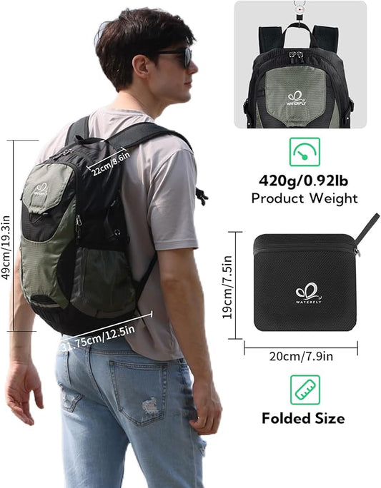 WATERFLY Lightweight Packable Hiking Backpack: 30L Foldable Travel Daypack Ultralight Camping Day Pack for Woman Man