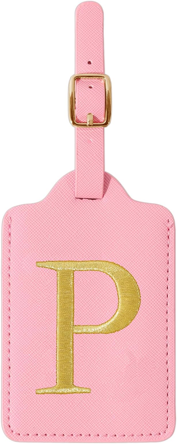 Personalized Initial Luggage Tags for Suitcase, Pink Leather Cute Luggage Tags with Privacy Cover Name Card, Embroidered Custom Monogrammed Luggage Tag Travel Bag Baggage Tags Gifts for Women Kids(P)