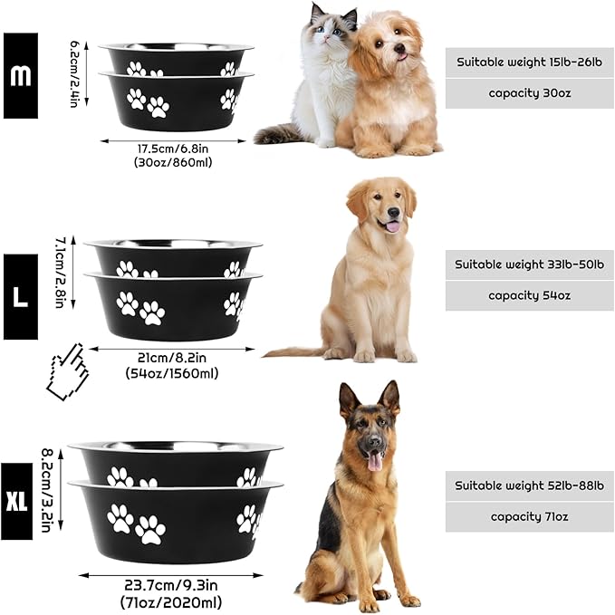 YUDANSI Dog Bowls 2 Pack Small Medium Dogs Feeding Food Water Bowl with Non-Slip Silicone Sole, Stainless Steel Dog Dishes Elevated Raised Pet Feeder(Black, L(6.6 Cups)