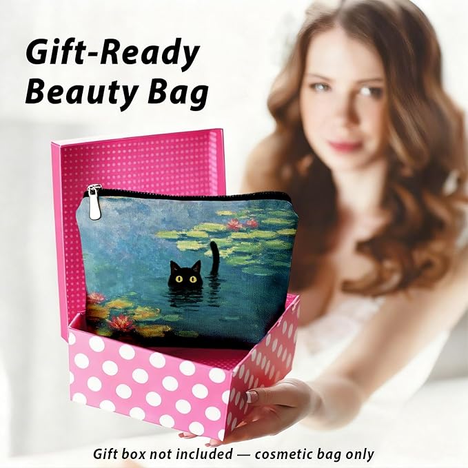 Black Cat Makeup Bag, Black Cat Mom Lovers Lady Gifts Cosmetic Bag for Women, Pet Lover Gifts, Impressionist Whimsical Waterlily Kitten Small Toiletry Bags Zipper Makeup Pouch