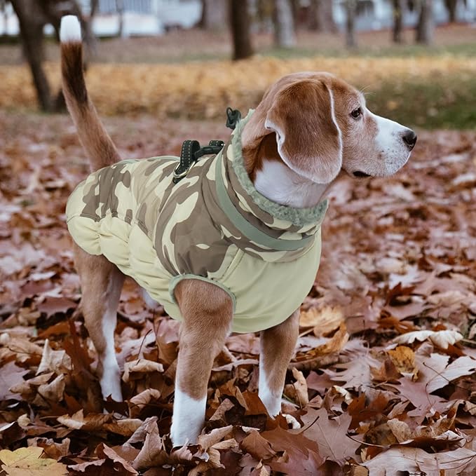 Lelepet Warm Dog Winter Coat Dog Coats for Medium Dogs Waterproof Dogs Jacket with Harness Built in Reflective Cold Weather Coats Windproof Zip-Up Winter Fleece Vest Snowsuit Dachshund Desert Camo