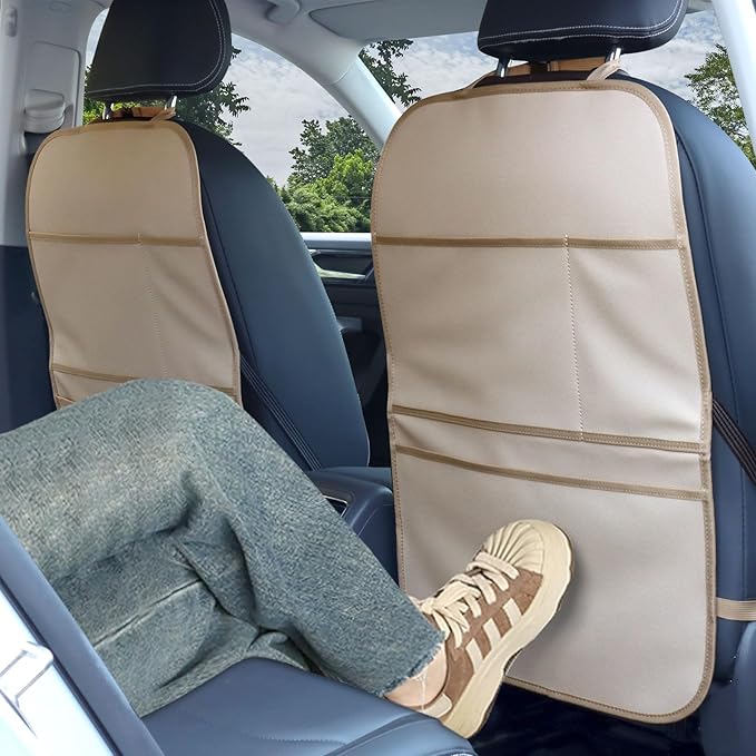 Kick Mat Back Seat Protector Waterproof Leather Car Seat Back Organizers Cover with 3 Storage Pockets for Kids Pets SUV Sedan Minivan Truck Car Travel Accessories (Beige 2-Pack)