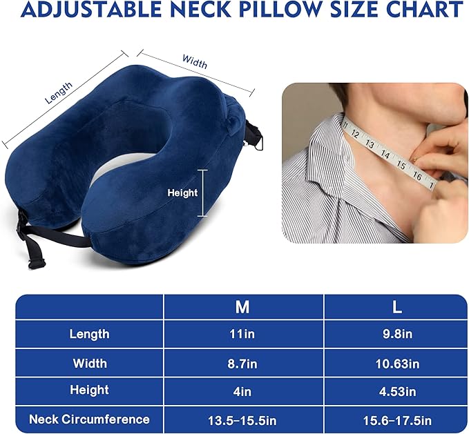 Neck Pillow with Hood - Memory Foam Neck Pillow Head Chin Support, Airplane, Car, Office & Home Sleep Rest Travel Pillows with Hood (Navy Blue, M)