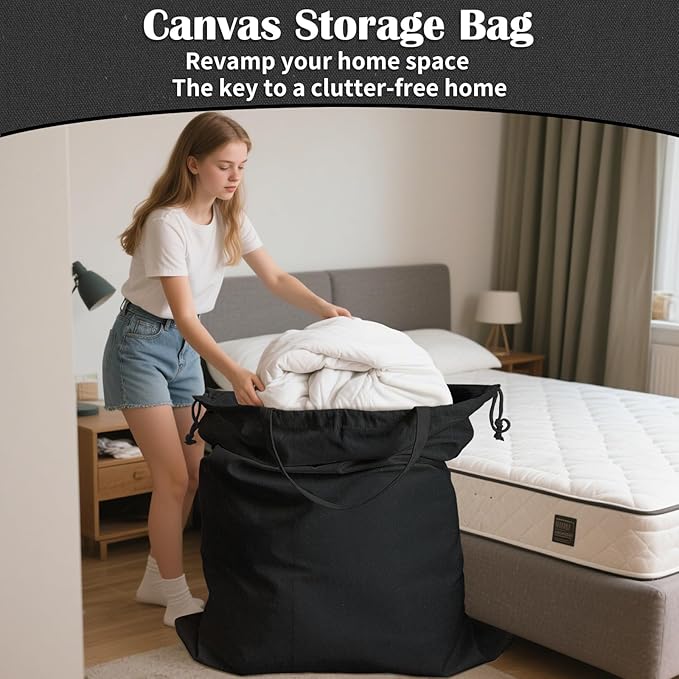 Canvas Laundry Bag 40in x 35in, Thick Cotton Laundry Bag with Handles & Drawstring, Extra Large Heavy Duty Washable Canvas Storage Sack (XXL, Black)