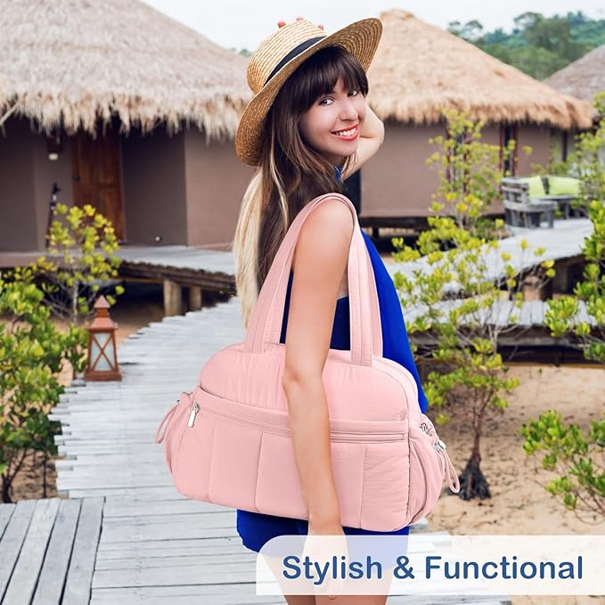 TOPDesign Travel Duffel Bag for Women, Puffer Gym Bag Sports Tote with Wet Pocket, Carry On Weekender with Luggage Sleeve (Baby Pink)