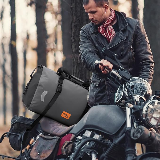 Waterproof Duffel Bag, 70L Roll-top Motorcycle Dry Bag with Air Valve & Quick-fixed Straps, Travel Duffle Bags for Kayaking Paddle Boarding Rafting Boating Camping Riding Fishing - Grey