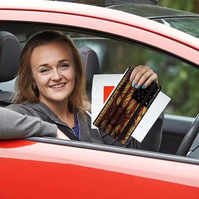 Car Registration and Insurance Holder, Leather Car Glove Box Organizer, Cool Car Accessories for ID, Driver's License Cards & Essential Document, Business Cards, Men&Women,Cute Sunflowers Flag