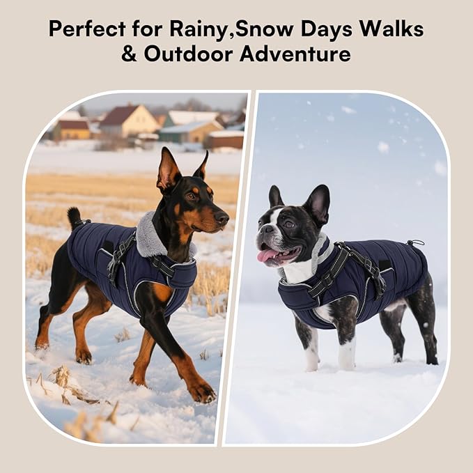 Queenmore Small Winter Dog Coat with Harness Built-in, Waterproof Winter Jackets for Small Dogs, Puppy Warm Puffer Jacket for Snow/Cold Weather - Fleece Reflective Easy On Hook & Loop Closure, Navy S
