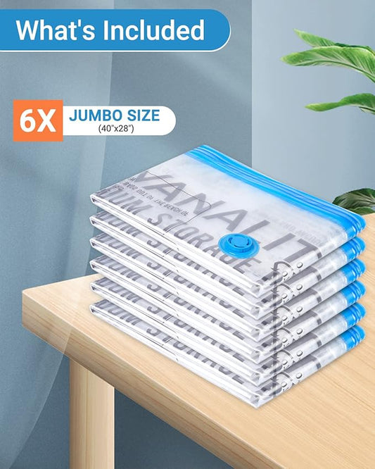 6 Pack Jumbo Vacuum Storage Bags (40"x28"), Reusable Vacuum Sealer Compression Space Saver Bag for Clothes, Mattress, Blanket, Duvets, Pillows, Comforters, Quilt, Travel (Pump Not Included)