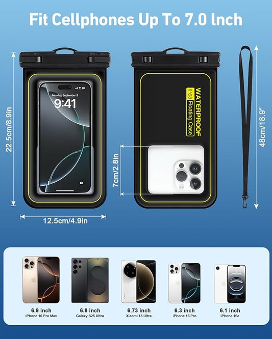 Waterproof Phone Pouch 2 Pack, IP68 Floating Waterproof Phone Case, Up to 8.3" Dry Bag for iPhone 16 15 14 13 Pro Max Samsung S25 Ultra S24 S23, Kayak/Beach/Cruise Travel Essentials Black