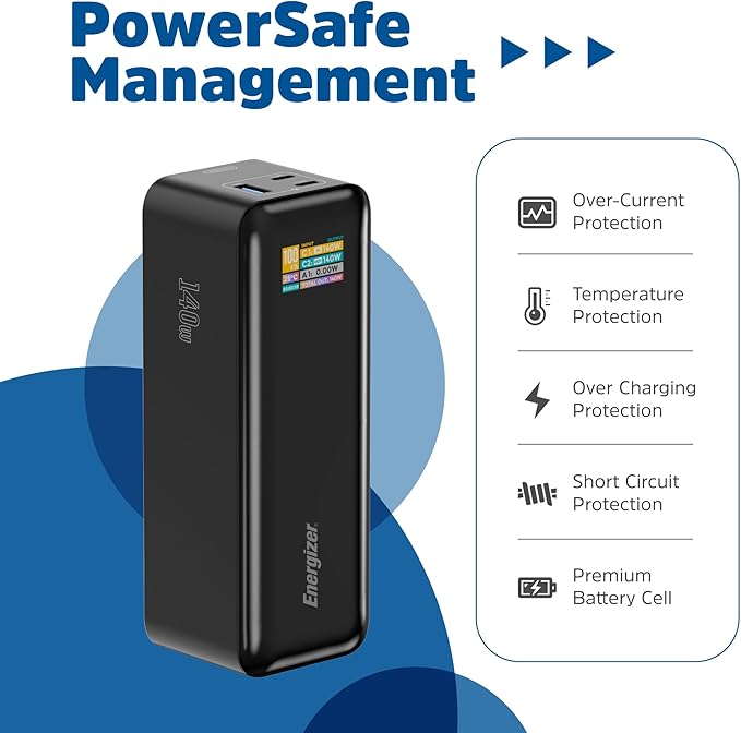 Energizer Power Bank 27000mAh with PD 140W USB-C Outputs Fast Charging Battery Pack USB-A 30W with Intelligent Digital LCD Display for Laptop, Tablet, Smartphone and etc_XP27000PD