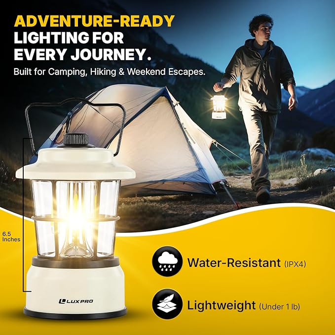 LUXPRO Retro LED Lantern - Battery-Powered Emergency Lantern - Water Resistant - Bright LED Lamp for Indoor & Outdoor Use - Use for Tents, Hiking or Hurricane Prep (Beige, Pack of 1)