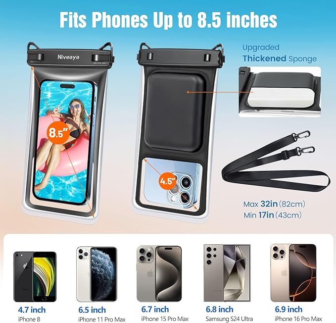 Niveaya Floating Waterproof Phone Pouch - 2 Pack Waterproof Dry Bag Case-Up to 8.5", Waterproof Phone Case with Adjustable Lanyard, Vacation Beach Swimming Pool Kayak Cruise Travel Essentials
