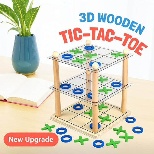 3D Ultimate Wooden Tic Tac Toe Board Game – Classic XO Strategy Game for Kids & Adults, Fun Family Table Games Night, Durable Wooden Tabletop Game