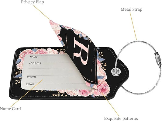 2 Pcs PU Leather Luggage Tag for Suitcases with Privacy Shield and Name ID Tag Address Card Travel Cruise Luggage Tag, Suitable for Men and Women Baggage Handbag Backpack,Flower and Monogram(Letter R