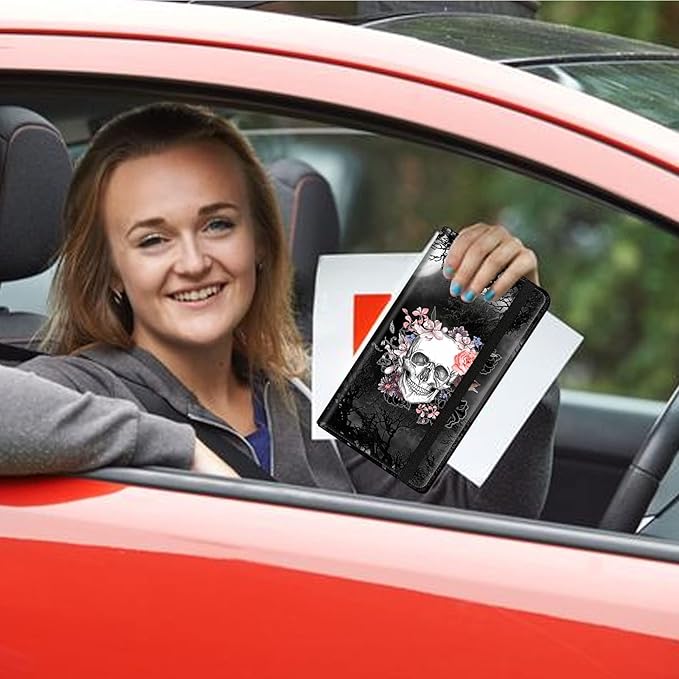 Car Registration and Insurance Holder, Leather Car Glove Box Organizer, Cool Car Accessories for ID, Driver's License Cards & Essential Document, business cards, Men&Women,Skull Flower