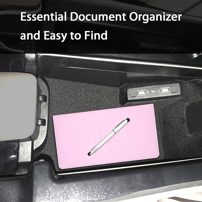 Car Insurance and Registration Holder, 9.5 x 5 Inch PU Leather Vehicle Glove Box Organizer Wallet Case for Insurance Card, Driver License, Paperwork - Pink