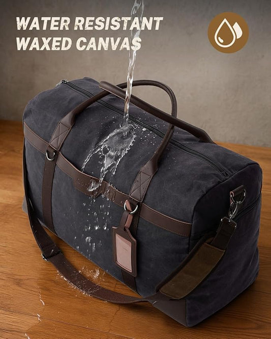 Gonex Waxed Canvas Duffle Bag for Travel, Water-resistant Vintage 55L Duffel Weekender with Shoes Compartment & Luggage Tag, Heavy-duty Overnight Bag with Suitcase Handle Sleeve for Men, Dark Grey