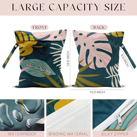 2 Pcs Wet Bag, Waterproof Wet Dry Bag, Small Laundry Bag, for Swimsuit, Pool, Travel, Beach, Diapers, Dirty Yoga Gym Clothes, Makeup Bags for Travel, Tropical Palm Leaves Decor Jungle