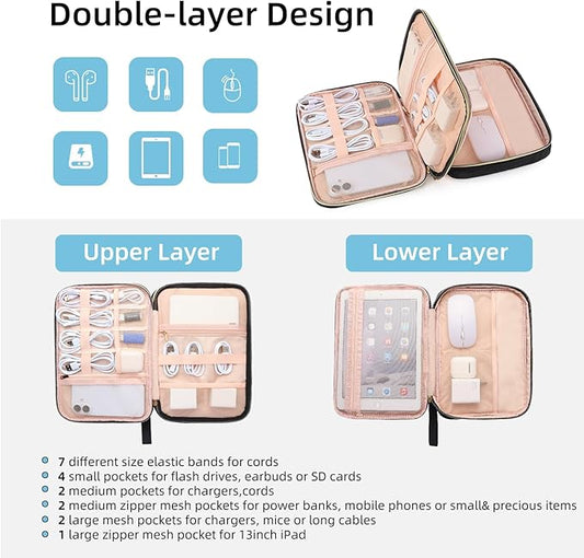 Electronics Organizer Travel Case, Charger Bag Cord Organizer Travel, All-in-One Cable Organizer Bag for Charger, Cords, Phone, Headphones, Flash Drive, SD Card (Black, Large-Double Layer)