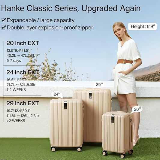 Hanke Expandable Hardshell Luggage Sets 3 piece Carry on Luggage with Wheels Suitcases Lightweight Checked Travel Luggage Rolling Large Suitcase Travel Luggage Bag Woman Men 20/24/29" Cuba Sand Pink