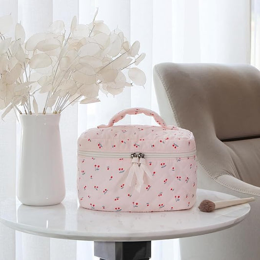Prite Large Cosmetic Bags for Women Cute Makeup Bag Floral Coquette Aesthetic Toiletry Bag Travel Make Up Organizer Bag (Cherry)