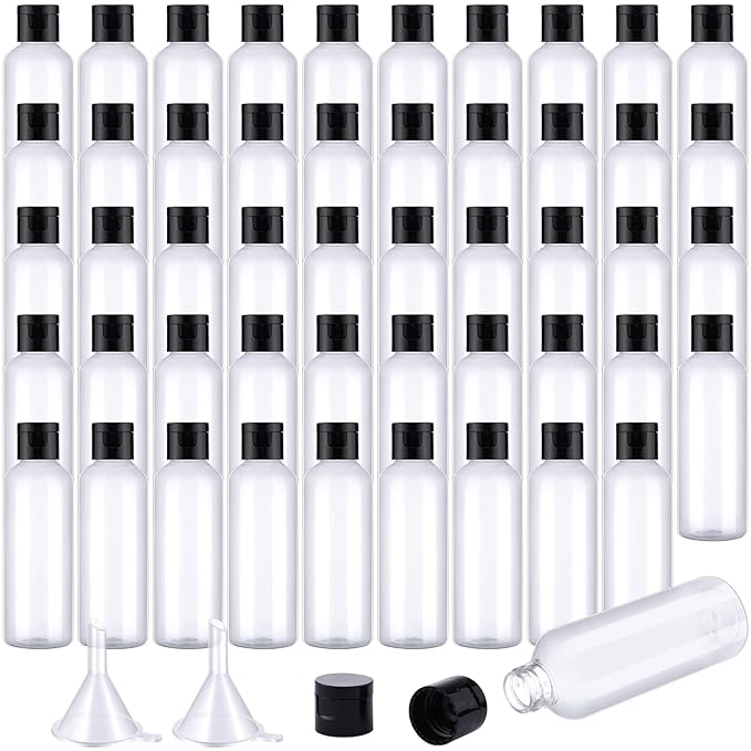 50 Piece 3.4 oz Travel Bottles with Flip Cap Plastic Empty Bottles Refillable Flip Cover Dispensing Squeeze containers with 2 Funnels Portable Refillable Containers for Travel Liquid(Clear, Black)